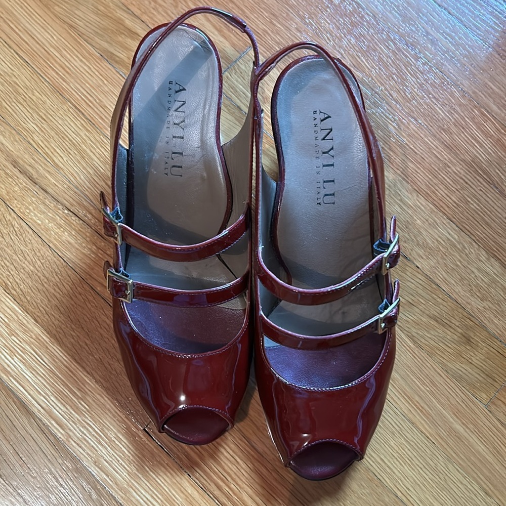 Anyi Lu Tulip double strap red patent leather sling backs.   Size 38.5